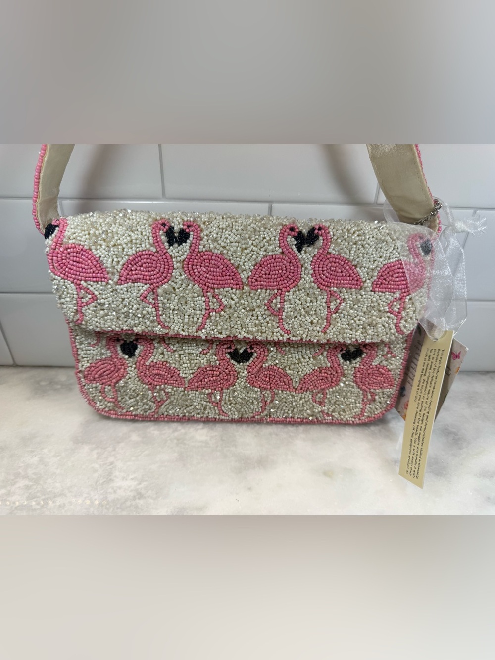 Handcrafted in India Pink Flamingo Beaded Shoulder Bag & Charm NWT